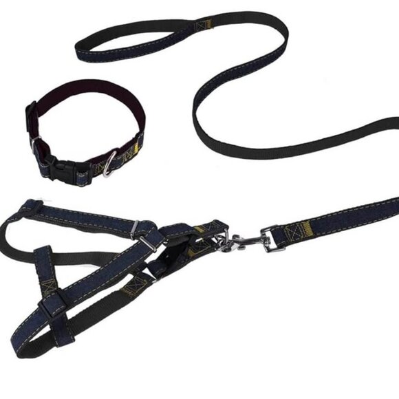 Denim Pet Dog Collar Harness Leash Set for Puppy Dog Cat - Picture 1 of 3